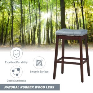 COSTWAY Bar Stools Set of 4, 29-Inch Height Backless Counter Stool with Footrest, Soft Seat Cushion, Wood Legs and Non-Slip Foot Pad, Saddle Stools for Home Kitchen Living Room, Stone Gray+Dark Brown