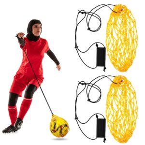 2 pcs handle solo soccer kick trainer soccer ball bungee elastic training juggling net soccer kick net soccer training equipment accessories and gear for kids adults (fits ball size 3, 4, 5) (yellow)