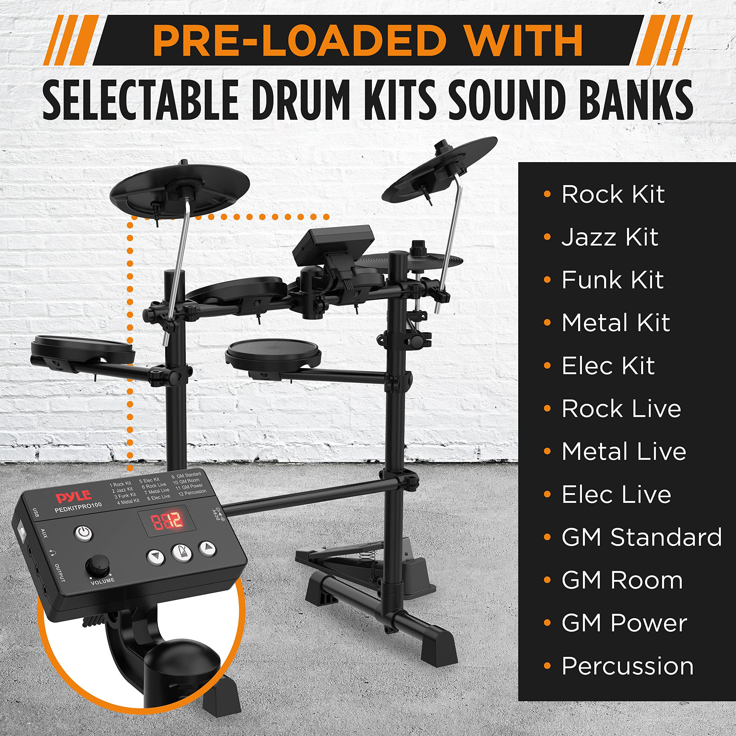 Pyle 8-Piece Electric Drum Set with MIDI Support, Preloaded Sounds, Cymbals, and Digital Foot Pedals