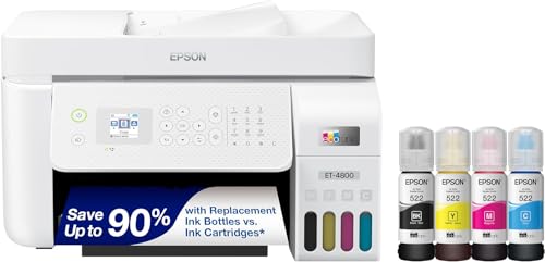 Epson EcoTank ET-4800 Wireless All-in-One Color Inkjet Printer, White - Print Copy Scan Fax - 10.0 ppm, 5760 x 1440 dpi, 8.5" x 14", Voice Activated, 30-Sheet ADF, Ethernet