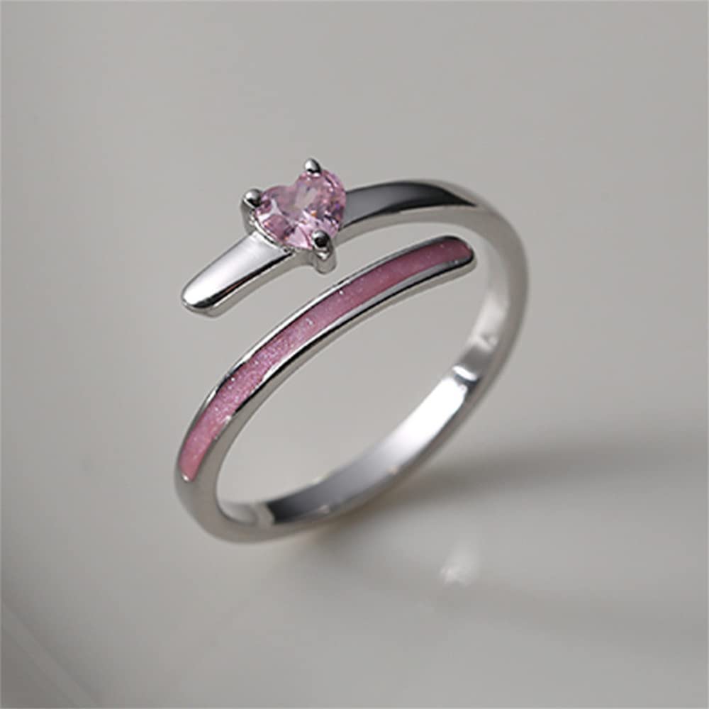 CZ Pink Heart Engagement Ring for Women 925 Sterling Silver Cubic Zirconia Statement Stacking Adjustable Expandable Enamel Open Band Rings Comfort Fit Dainty Wedding Birthday Valentine Jewelry