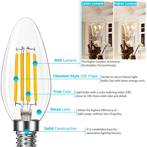 LUXRITE Candelabra LED Light Bulbs 100 Watt Equivalent, 800 Lumens, 3000K Soft White, 7W, B11 Dimmable Chandelier Light Bulbs, Damp Rated, Clear Glass, Torpedo Shape, UL Listed, E12 Base (6 Pack)