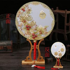 crysdaralovebi luxury chinese gold phoenix bridal fan bouquets classic handmade metal round hand fan business gift wedding accessories (creamy white)