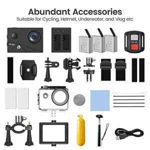 HLS 4k Action Camera Waterproof with 3 Batteries,Underwater Camera with Wide Angle Lens,Outdoor Sports Camera with Selfie Stick Kit & Remote Control