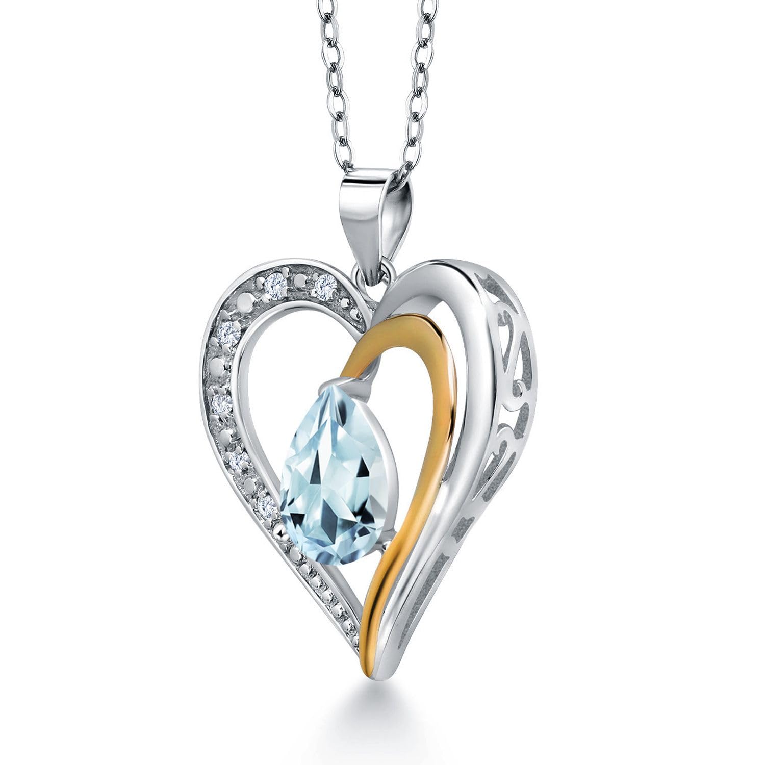 Gem Stone King 925 Sterling Silver and 10K Yellow Gold 8X6MM Pear Shaped Gemstone Birthstone & Lab Grown Diamond Heart Necklace | Love Pendant Necklace for Women By Keren Hanan