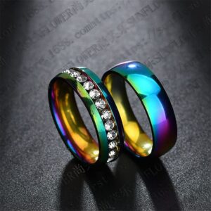 LiFashion Custom Name Couple Rings for him her,2Pcs Stainless Steel Customized Wedding Band Rainbow Colorful CZ Promise Ring Set Personalized His Her Jewelry for Valentine's day Gift