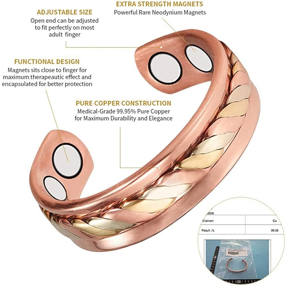 Copper Rings for Women, Magnetic Rings Pure Copper Three -Color Gold Weave Adjustable Therapy Ring, Healthy Copper Jewelry
