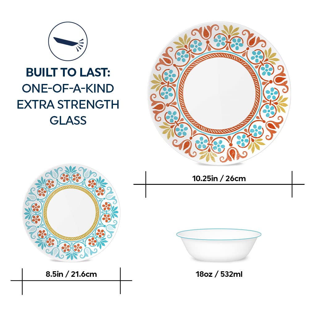 Corelle Global Collection Vitrelle 12-Piece Dinnerware Set, Triple Layer Recycled Glass, Lightweight Eco-Friendly Round Plates and Bowls Set, Terracotta Dreams