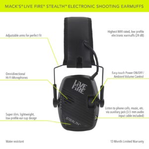 Mack's Live Fire Stealth Electronic Shooting Earmuffs for Hunting, Tactical, Target, Skeet and Trap Shooting