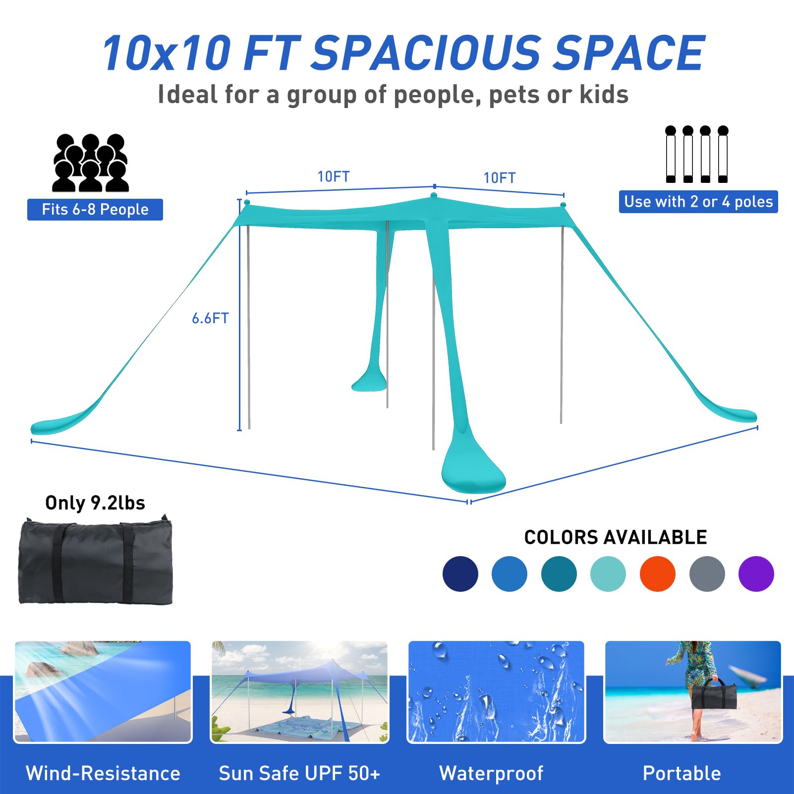 Zeepair Beach Tent Pop Up Shade Canopy Sun Shelter UPF50+ with 4 Stability Poles/Carry Bag/Ground Pegs/Sand Shovel/Windproof Ropes Portable Outdoor Family Sunshade for Beach Camping(Teal Blue,10×10FT)