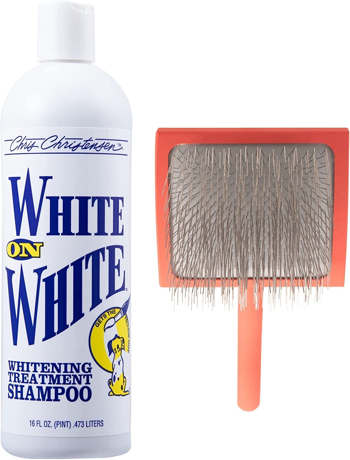 Chris Christensen Shampoo & Slicker Brush Bundle, White on White Shampoo 16 oz, Color Treatment + Big G Slicker Brush Large, Perfect for Doodles, Groom Like a Professional, Made in USA