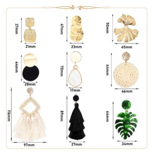 FINREZIO 9 Pairs Clip on Drop Earrings for Women Statement Rattan Resin Acrylic Drop Dangle Earrings Lightweight Geometric Rattan Tassel Hoop Drop Dangle Earrings Jewelry, Zinc, No Gemstone