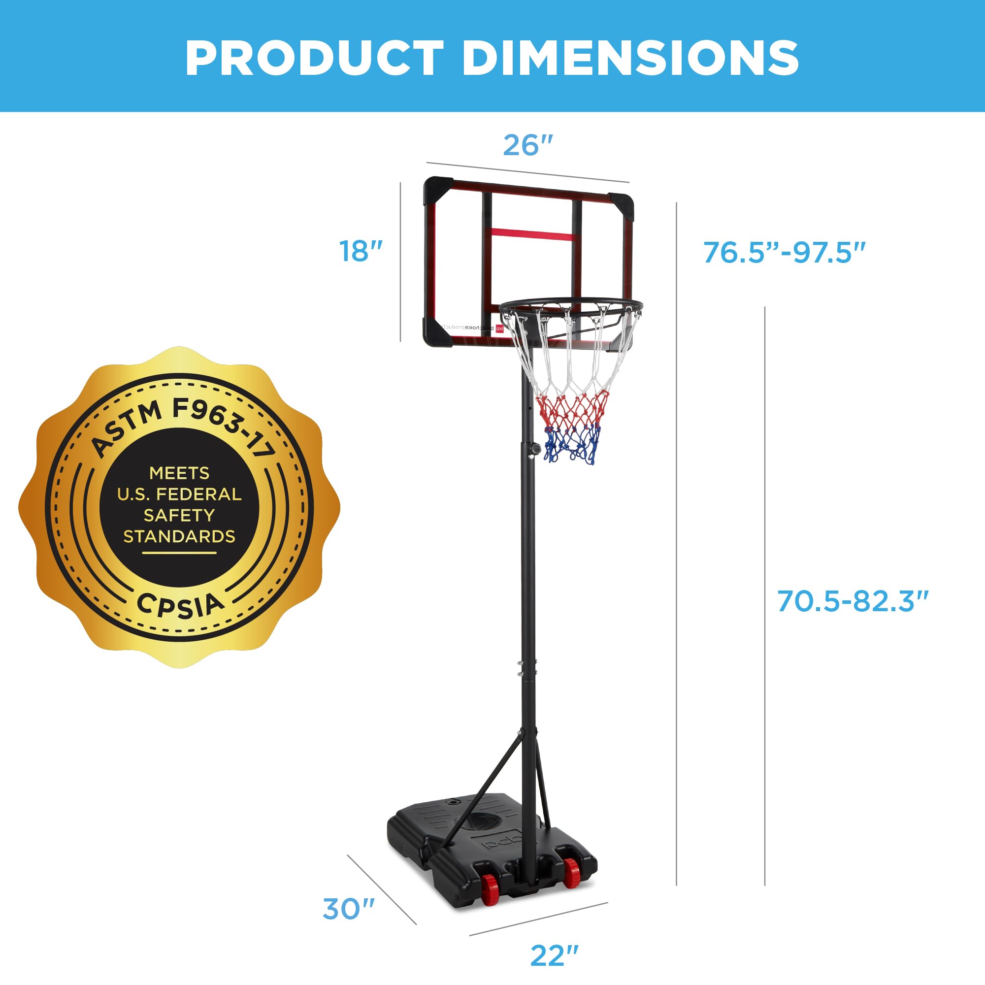 Best Choice Products Kids Height-Adjustable Basketball Hoop System, Portable Game w/Wheels, Fillable Base, 70.5in to 82.3in Height - Clear