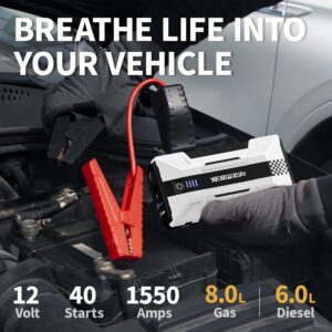 YESPER Car Battery Jump Starter Protable - 1550A Peak Auto Battery Booster Pack Jump Box for 12V Vehicles(Up to 8.0L Gas/6.0L Diesel Engine), DSLI Safe Tech and with PD 15W & DC 15V Port（YJS15）