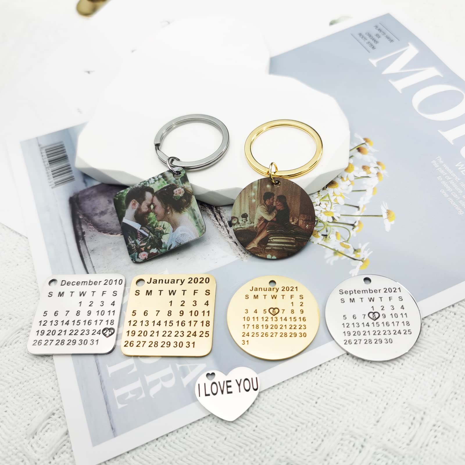 JUMEIHUI Custom Keychain for Boyfriend Personalized Photo Keychain,Calendar Keychain,Wedding Date Keychain,Love,Couple