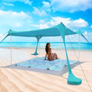 zeepair beach tent pop up shade canopy sun shelter upf50+ with 4 stability poles/carry bag/ground pegs/sand shovel/windproof ropes portable outdoor family sunshade for beach camping(teal blue,10×10ft)