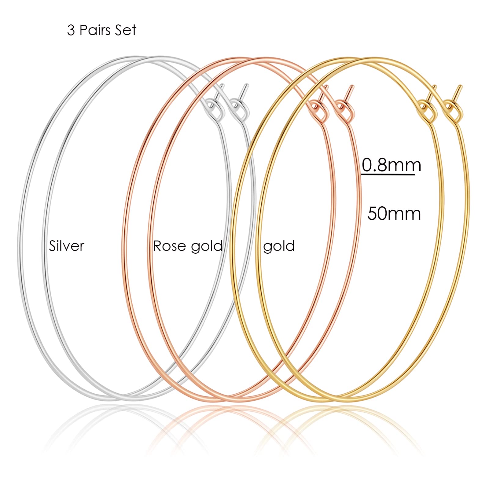 Multipack Dainty Large Thin Gold Hoop Earrings for Women Hypoallergenic Earrings Lightweight 30mm 50mm 60mm 70mm Gold/Silver/Rose Gold Hoop Earrings (3 Pairs-50mm)