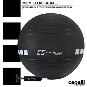 Capelli Sport Exercise Ball for Yoga, Balance Ball, Pilates, Anti Burst Slip Resistant, Quick Pump, Black, 75 cm