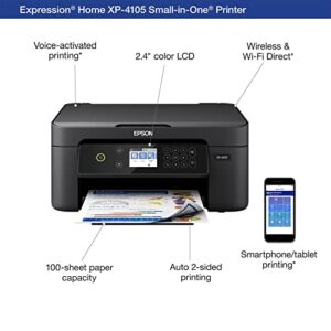 Epson Expression Home XP-4105 Wireless Small-in-One Color Inkjet Printer, White - Print Copy Scan - 2.4" Color LCD, 10 ppm, 5760 x 1440 dpi, Hi-Speed USB, Auto 2-Sided Printing, Voice Activated