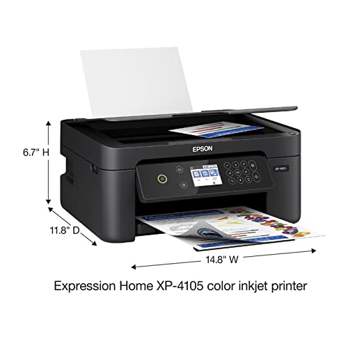 Epson Expression Home XP-4105 Wireless Small-in-One Color Inkjet Printer, White - Print Copy Scan - 2.4" Color LCD, 10 ppm, 5760 x 1440 dpi, Hi-Speed USB, Auto 2-Sided Printing, Voice Activated