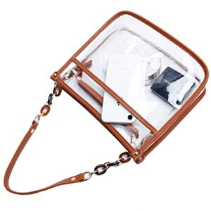 KKXIU Fashion Clear Crossbody Purse for Women and Teen Girls Stadium Approved PU Leather Concert Bag with Adjustable Strap (Brown)