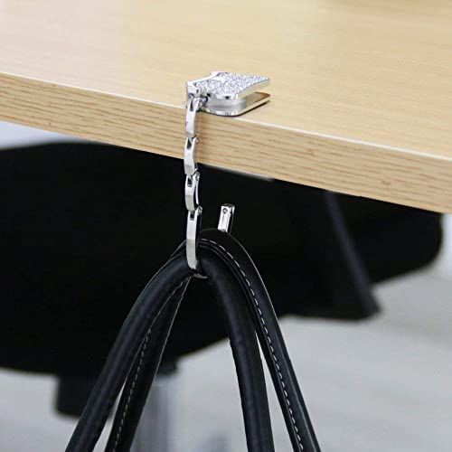 Purse Hook Portable Purse Hanger Embedded Rhinestone, Womens Handbag Hangers for Table Foldable Purse Magnet, Silver