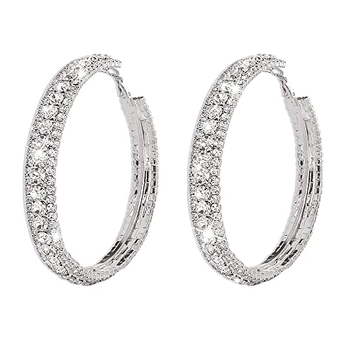 Wekicici Rhinestone Hoop Earrings Large Hoop Earrings with Rhinestone Crystal Hoop Earrings Earrings on Party or Daily Wear for Women(Silver)