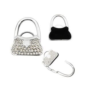 Purse Hook Portable Purse Hanger Embedded Rhinestone, Womens Handbag Hangers for Table Foldable Purse Magnet, Silver