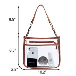 KKXIU Fashion Clear Crossbody Purse for Women and Teen Girls Stadium Approved PU Leather Concert Bag with Adjustable Strap (Brown)