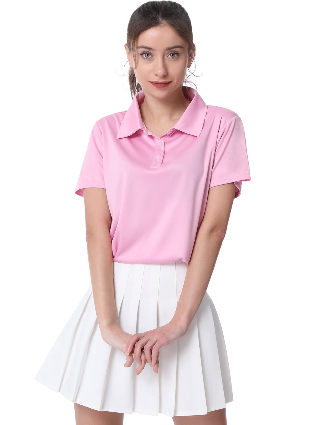 Women's Polo Tee Dry Fit Golf Shirt Moisture Wicking Short Sleeve Sport Activewear Golf Polo Tops Collar with Buttons Workout Black/White/Pink M