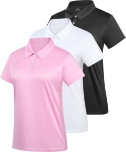 women's polo tee dry fit golf shirt moisture wicking short sleeve sport activewear golf polo tops collar with buttons workout black/white/pink m