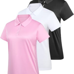 Women's Polo Tee Dry Fit Golf Shirt Moisture Wicking Short Sleeve Sport Activewear Golf Polo Tops Collar with Buttons Workout Black/White/Pink M