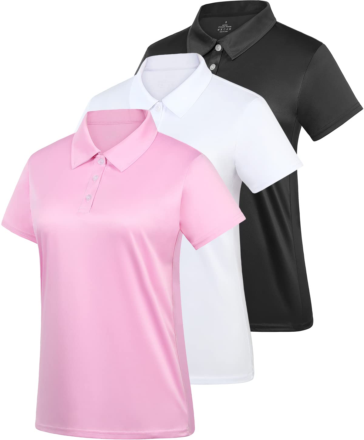 Women's Polo Tee Dry Fit Golf Shirt Moisture Wicking Short Sleeve Sport Activewear Golf Polo Tops Collar with Buttons Workout Black/White/Pink M