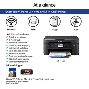 Epson Expression Home XP-4105 Wireless Small-in-One Color Inkjet Printer, White - Print Copy Scan - 2.4" Color LCD, 10 ppm, 5760 x 1440 dpi, Hi-Speed USB, Auto 2-Sided Printing, Voice Activated