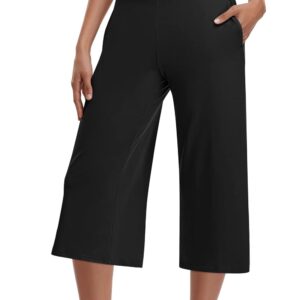 TARSE Womens Casual Wide Leg Yoga Capris Plus Size Crossover High Waist Capri Pants Loose Soft Pajama Pockets Sweatpants(Black,XXL 2XL)