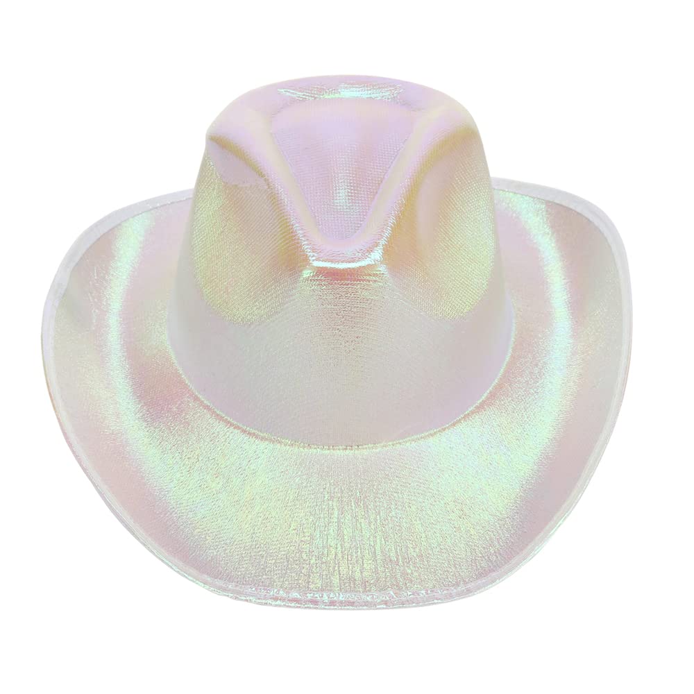 Patyhapy White Space Cowgirl Hat with Heart Glasses Women Metallic Holographic Cowboy Hats Neon Rave Sparkly Glitter Party Costume(White)