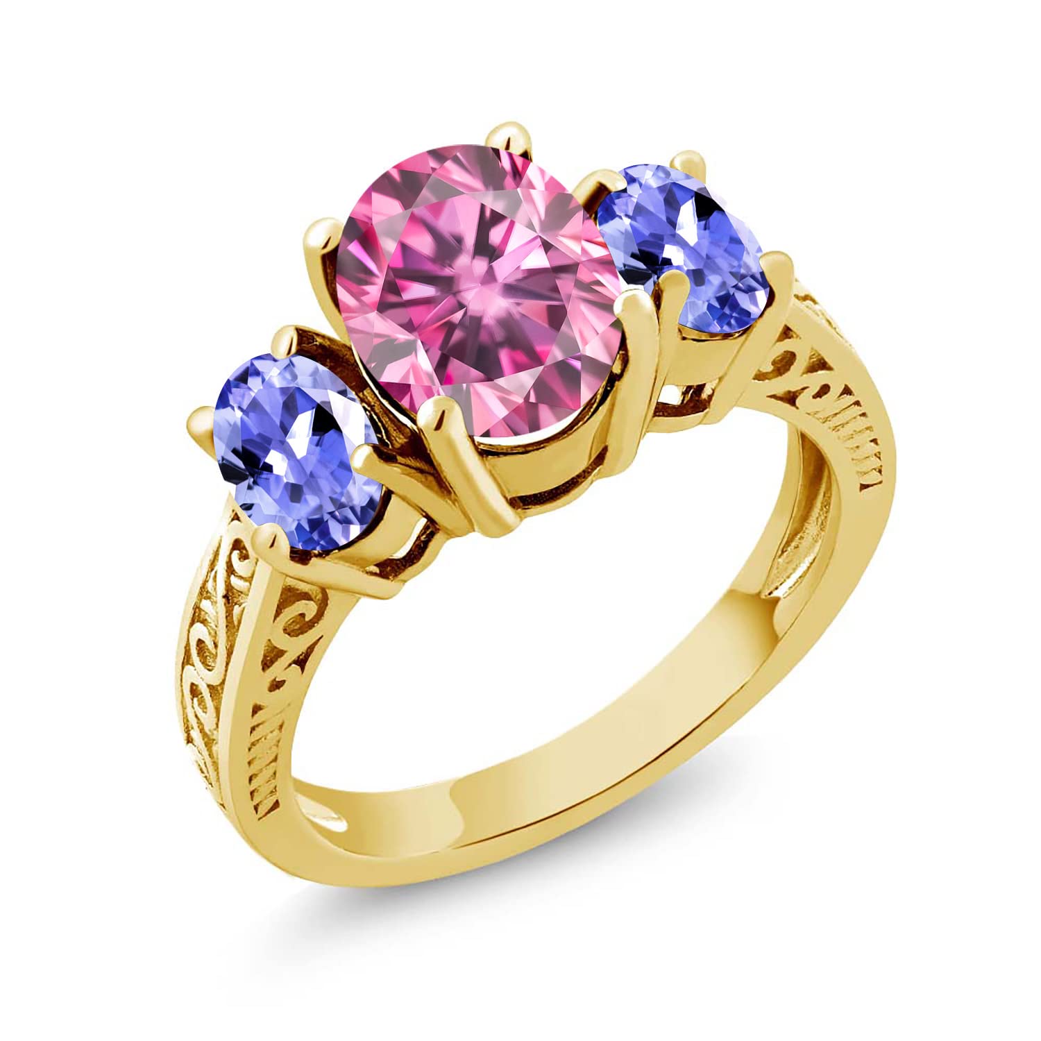 Gem Stone King 18K Yellow Gold Plated Silver 3-Stone Ring Oval Pink Moissanite and Tanzanite Blue (2.90 Cttw) (Size 7)