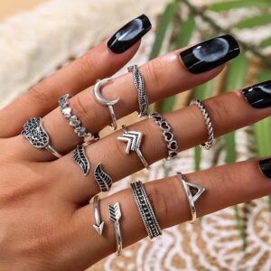 Jumwrit Bohemian Knuckle Rings Set Vintage Finger Rings Set Midi Rings Love Heart Ring Index Rings Silver Band Ring Stackable Rings for Women（11PCS）