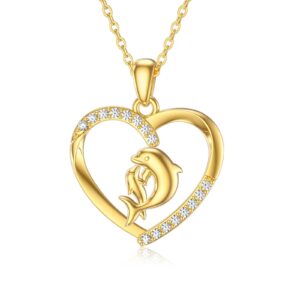 YDD 14K Solid Gold Dolphin Necklaces for Women Dolphin Mother Necklace Mom Necklace Heart Dolphin Pendant Mama Necklace Ocean Necklace Mom Gifts 16"-18"