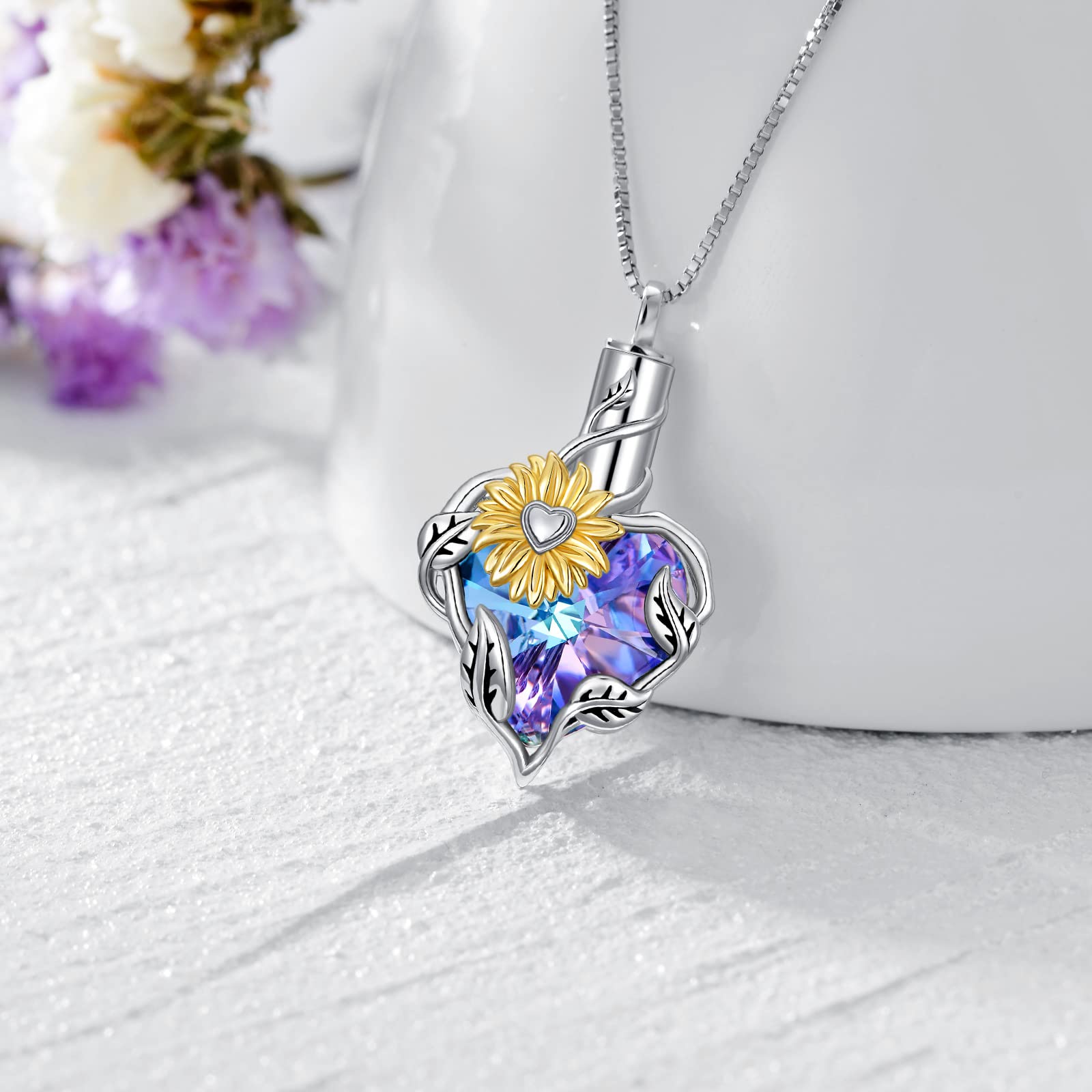 TOUPOP Sunflower Necklace for Ashes S925 Silver Sterling with Crystal Cremation Jewlry for Women