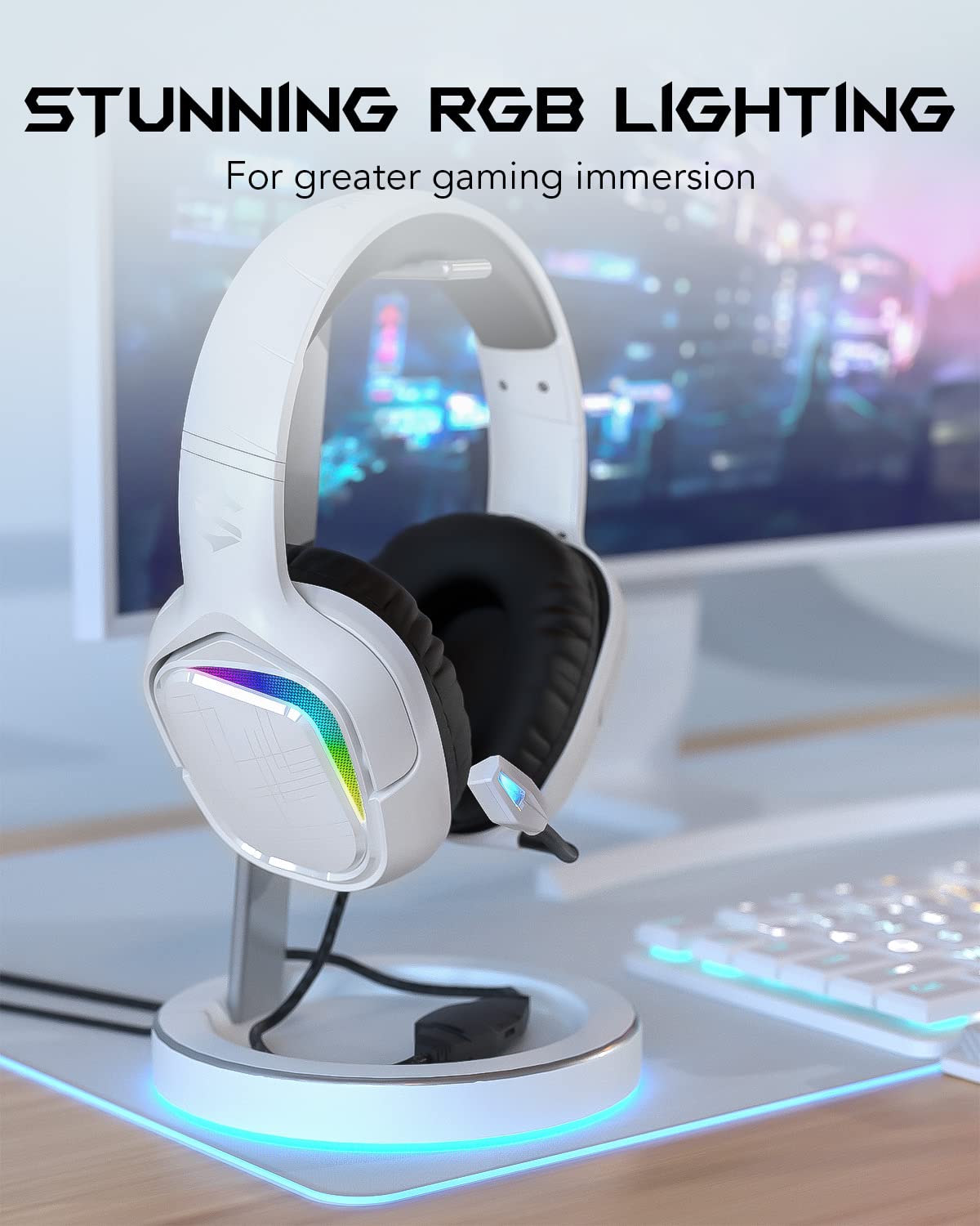 Black Shark Gaming Headset for PC, PS4, PS5, Xbox, Switch, All-in-1 Gaming Headphones with Ultra-Clear Bendable Mic, 50mm Dynamic Drivers, Noise Isolation Ear Cushions, in-line Controls - White