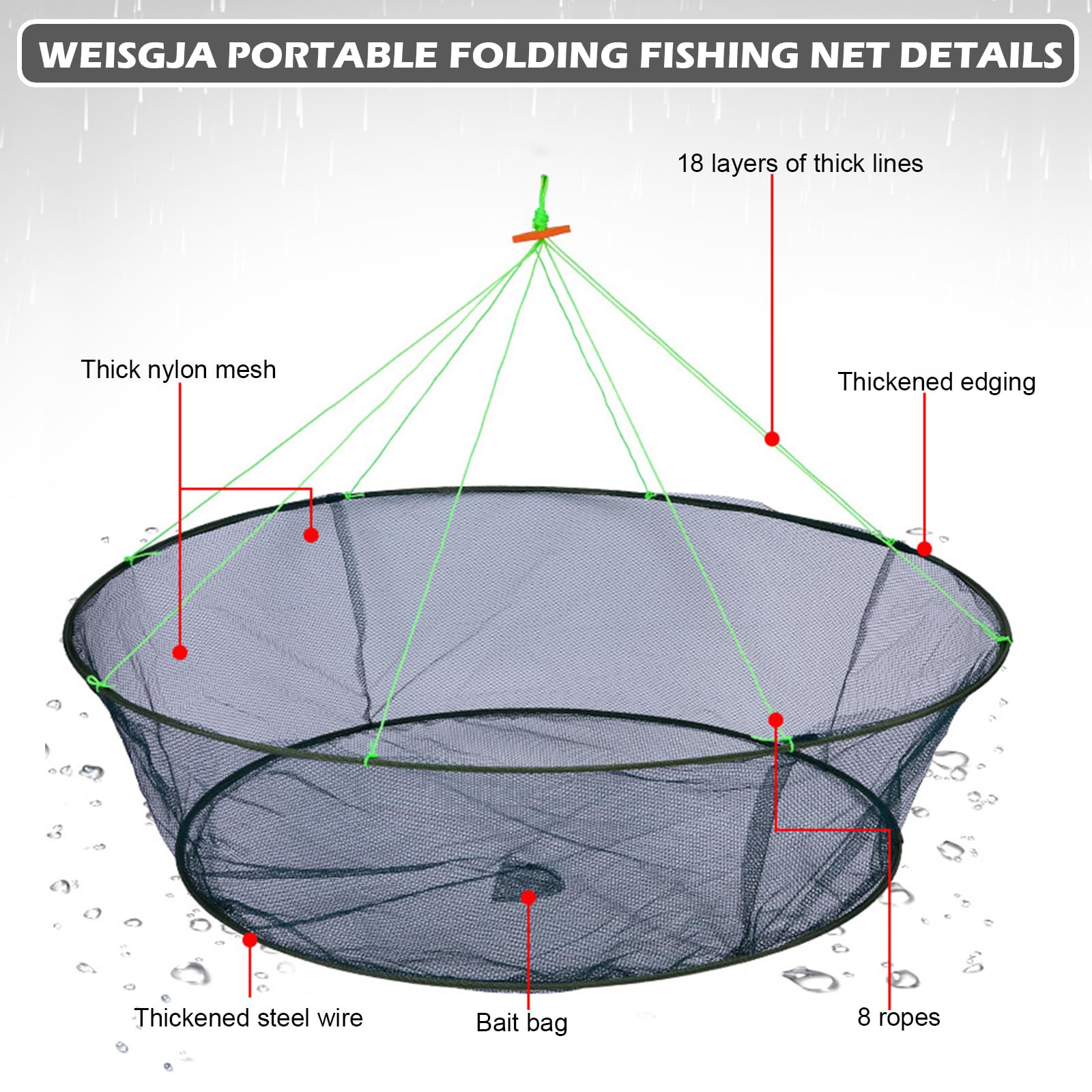 WEISGJA Portable Folded Fishing Net, Crab Net Fish Net with Fishing Rope, Hand Casting Cage Crab Net, Foldable Fishing Mesh Trap for,Minnows,Lobster,Crawfish, Shrimp etc. (39.4inch/100cm)