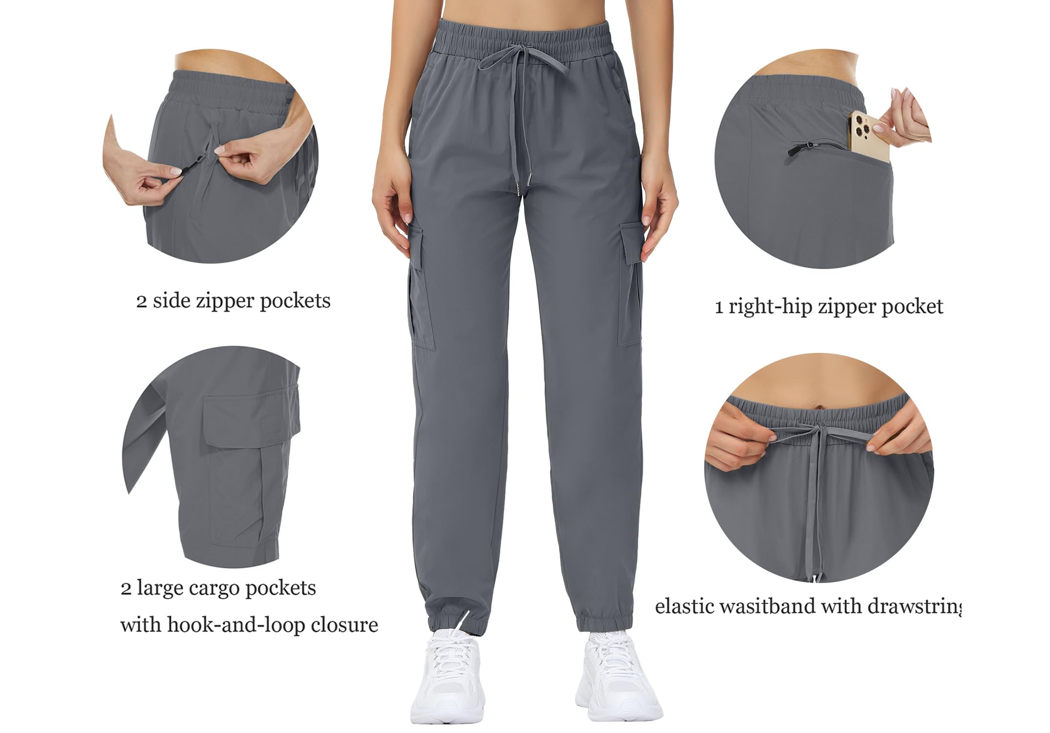 MOUEEY Women's Cargo Joggers Lightweight Quick Dry Athletic Water Resistant Lounge Casual Pants with Zipper Pockets Grey 3XL