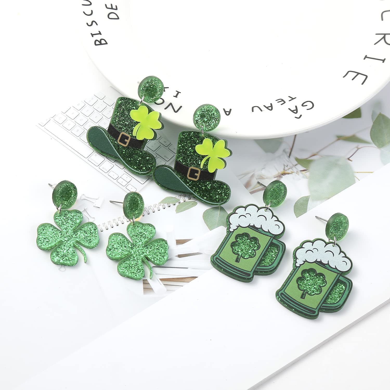 4 Pairs St. Patrick's Day Earrings Green Shamrock Clover Earrings Irish Hat Shamrock Stud Earrings Lightweight St. Patrick's Day Jewelry Lucky Earring Studs St. Patrick's Day Acrylic Earrings