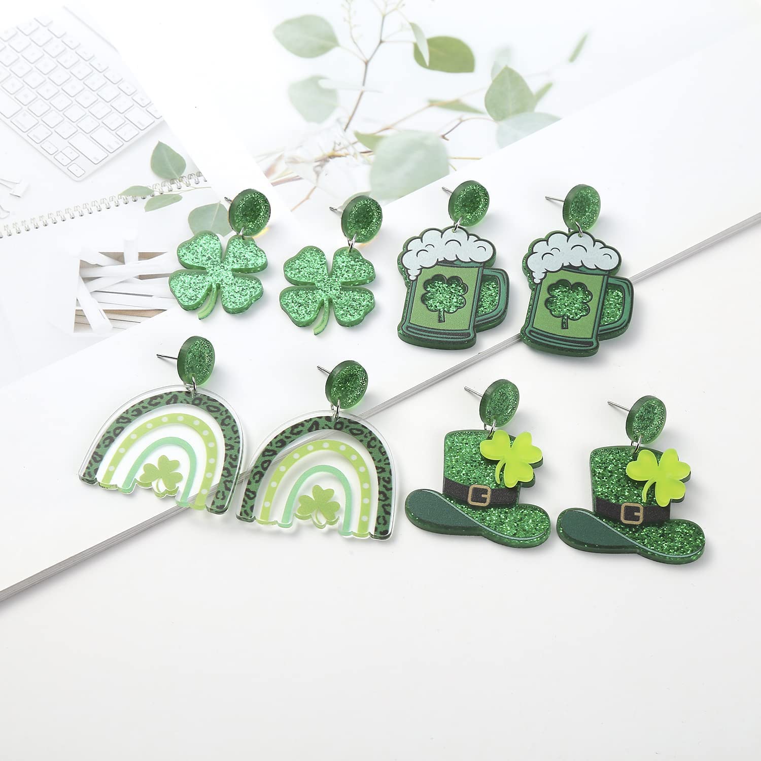 4 Pairs St. Patrick's Day Earrings Green Shamrock Clover Earrings Irish Hat Shamrock Stud Earrings Lightweight St. Patrick's Day Jewelry Lucky Earring Studs St. Patrick's Day Acrylic Earrings