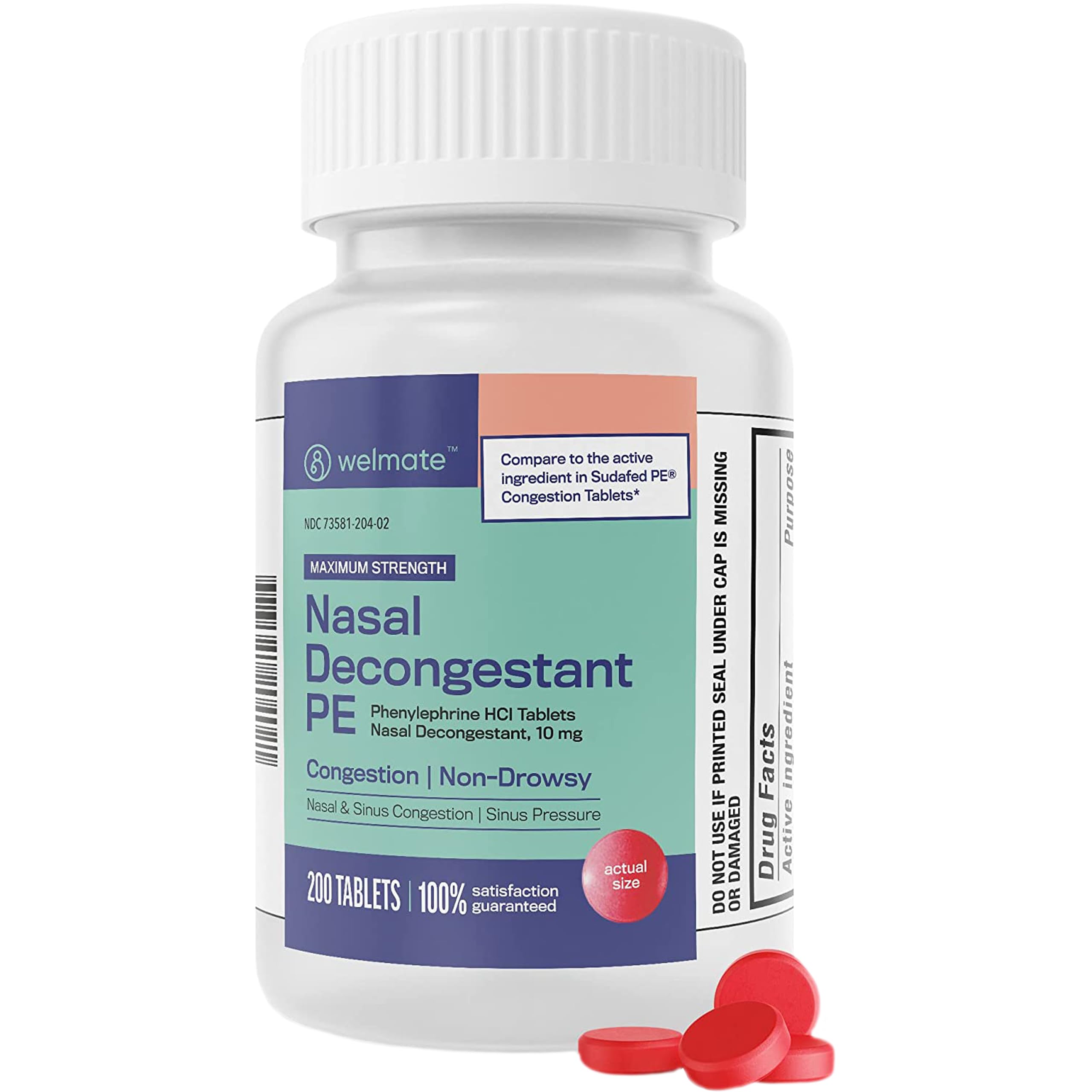 WELMATE | Nasal Decongestant PE | Phenylephrine HCl 10 mg | Maximum Strength | Sinus Relief | for Cold & Allergies | Non-Drowsy | Antihistamine | Pain Relief | Decongestants for Adults | 200 Tablets