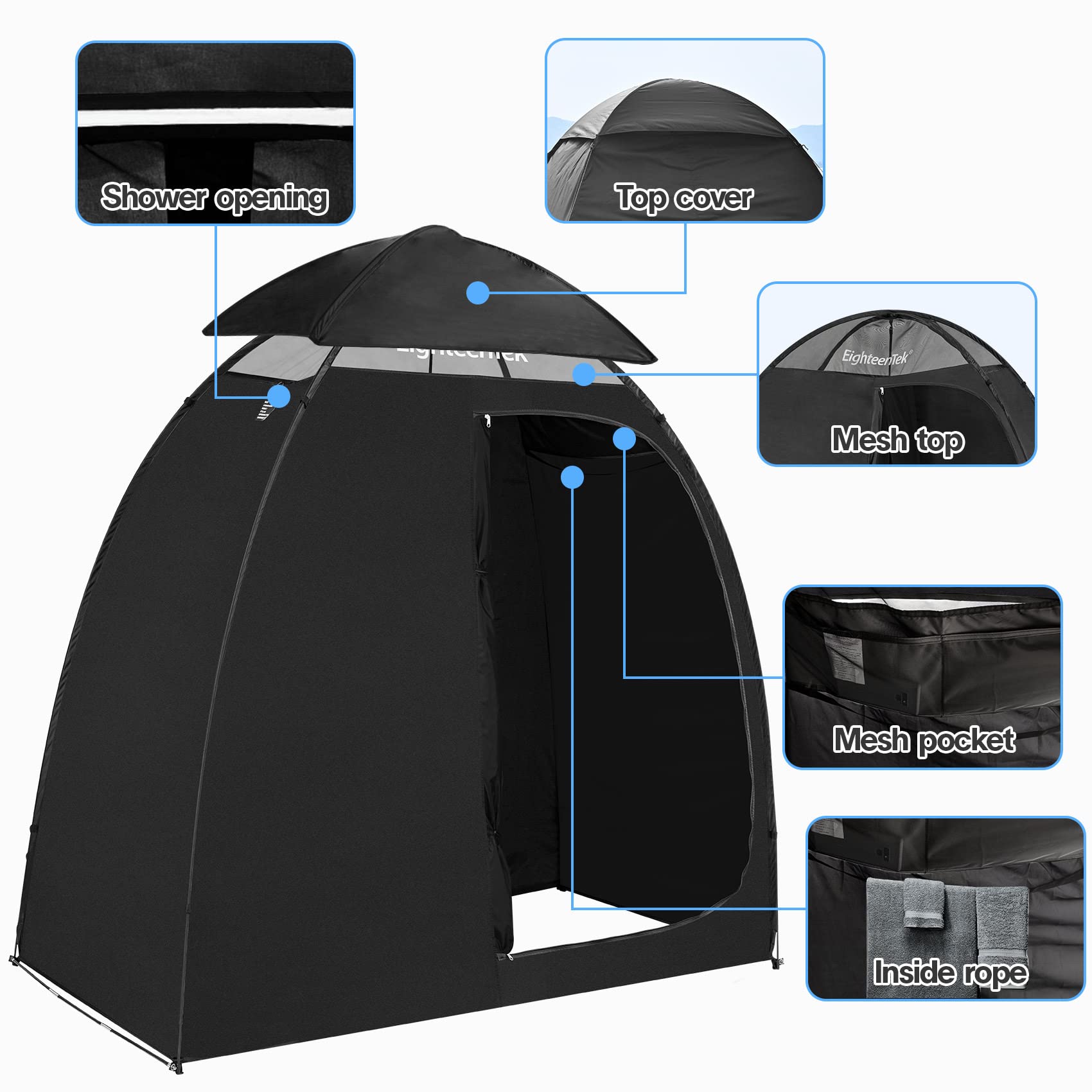 EighteenTek Camping Shower Tent Changing Room 2 Rooms Outdoor Pop Up Camping Toilet Portable Privacy Dressing Shelter 83"x43"x80"H