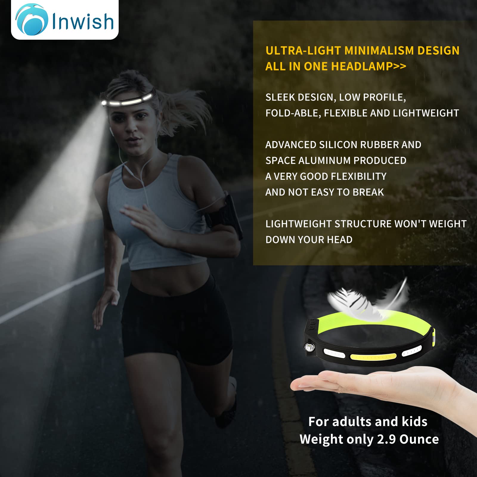 inwish Headband Light Bar Headlamp for Women, Rechargeable LED Head Lamp Halo w/Reflective Band Spot Light and Red Light, 500 High Lumen, COB Strip Light Pro Headlamp with USB C Cable for Running