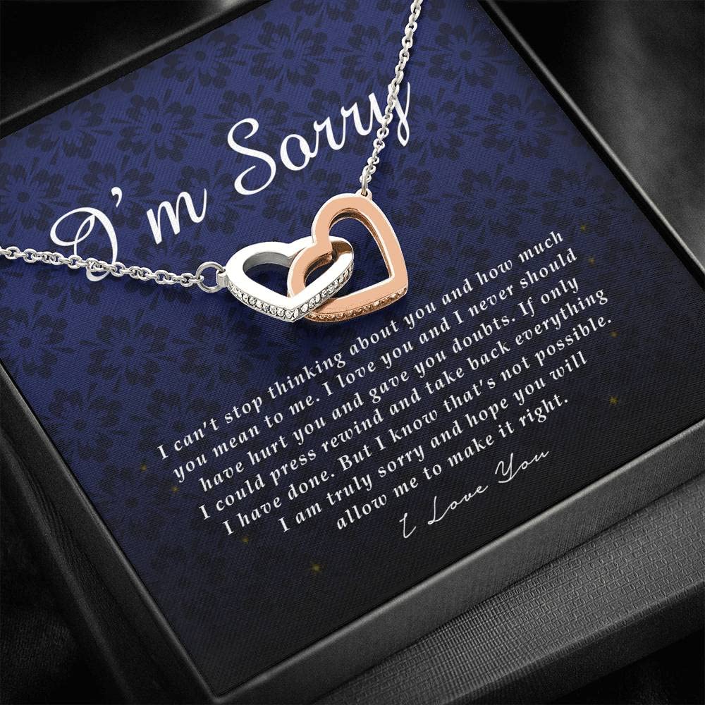 Interlocking Heart Necklace, I'm Sorry Card, Apology Gift For Her, Forgiveness Gift, I’m Sorry Gift For Wife, Girlfriend Apology Gift, Gift To Say Sorry, Unique Jewelry Card For Her, Mahogany Box… (Standard Box)