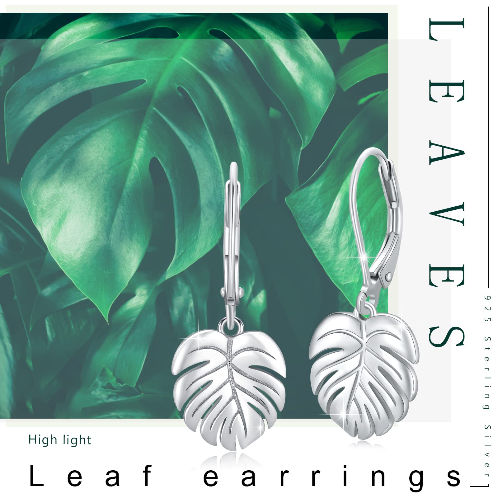 Monstera Earrings 925 Sterling Silver Leverback Earrings Palm Leaves Tropical Earrings Plant Dangle Drop Earring for Women Fashion Jewelry